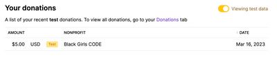 Example donation on the Change dashboard.