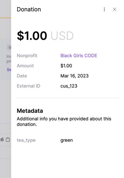 Example of donation details in the Change dashboard.